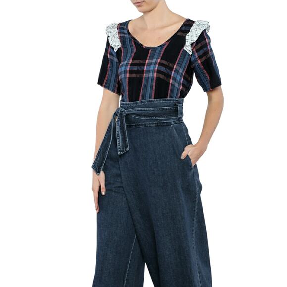 ACE & JIG Fiddle top plaid ruffle shoulder reversible blouse in River Size M - Picture 4 of 12